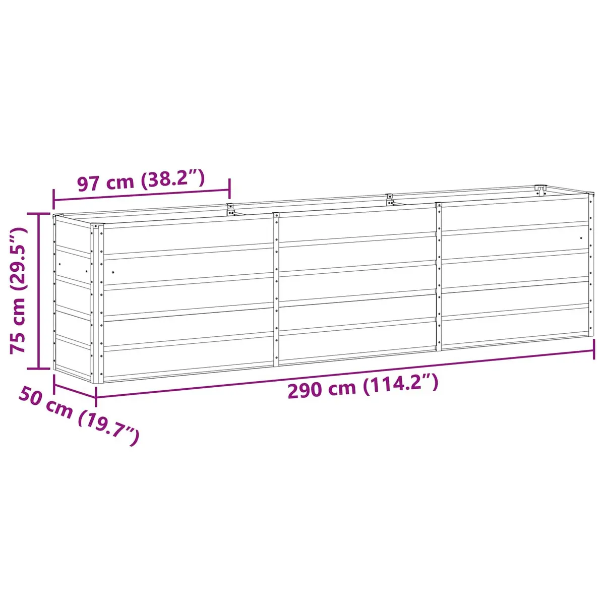 Galvanised Steel Planter Light Grey 290 x 50 x 75 cm Garden Outdoor Raised Bed