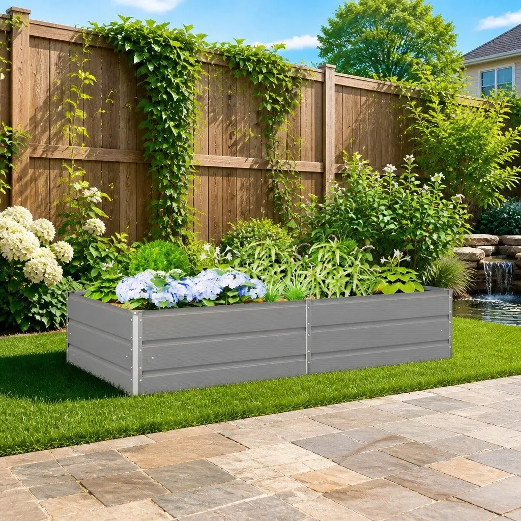 Steel Planter Light Grey 195 x 100 x 45 cm Galvanized Weather Resistant Outdoor Garden Pot