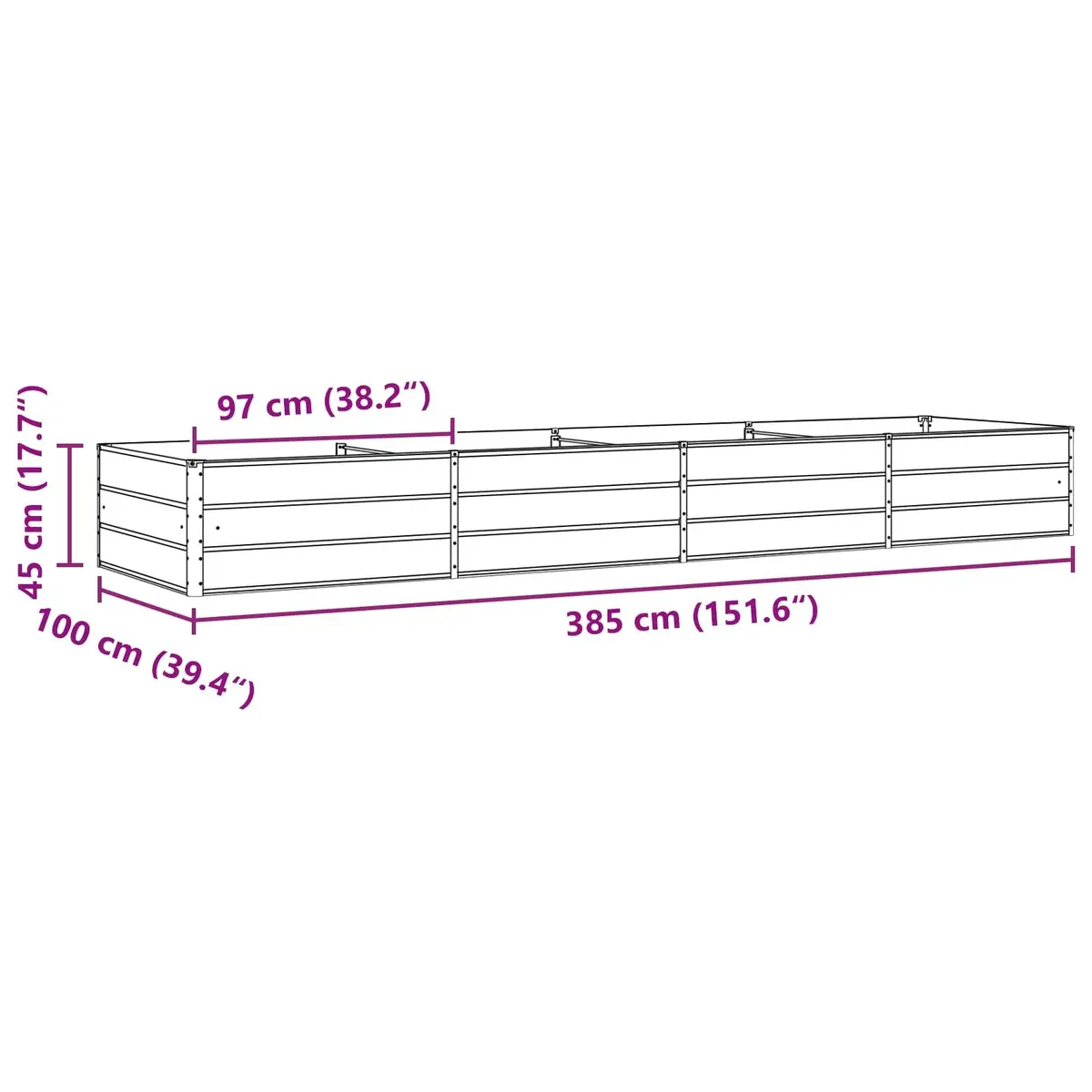 Outdoor Raised Garden Bed Light Grey Galvanised Steel 385 x 100 x 45 cm Planter Suitable for Gardens Patios and Terraces