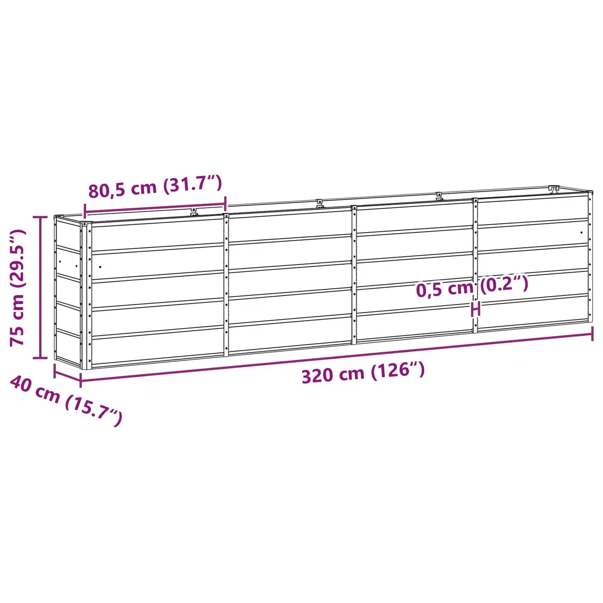 Steel Planter Garden Container Green Modern Design Indoor Outdoor 320x40x75cm