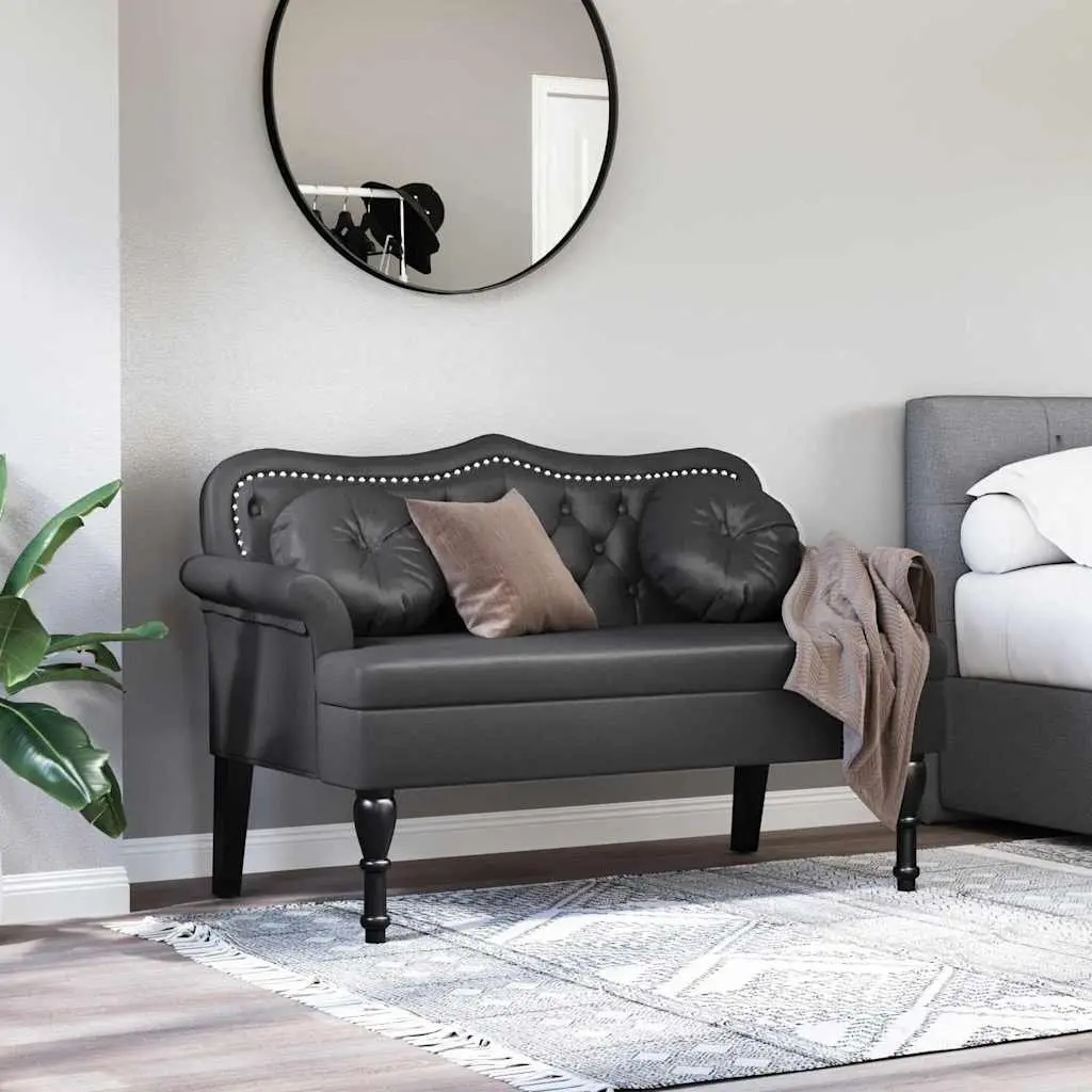 Chesterfield Bench Black Faux Leather Button Tufted Seat Padded Cushion