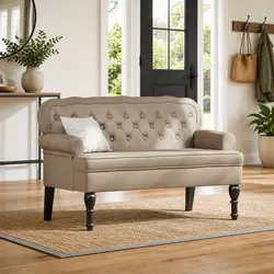 Chesterfield Bench Button Tufted Rolled Armrests Faux Leather Brown Seating