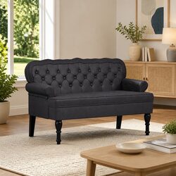 Chesterfield Bench Black Button Tufted Rolled Armrests Faux Leather Seating