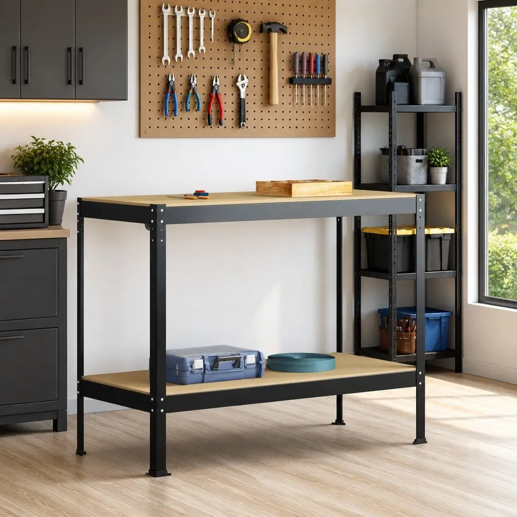 Workbench Black 115cm x 55cm x 91cm Engineered Wood Metal Frame with Pegboard and Drawer