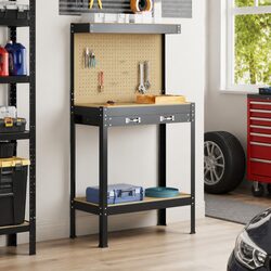 Workbench Black 81 x 41 x 145 cm Engineered Wood Metal Frame Pegboard Drawer
