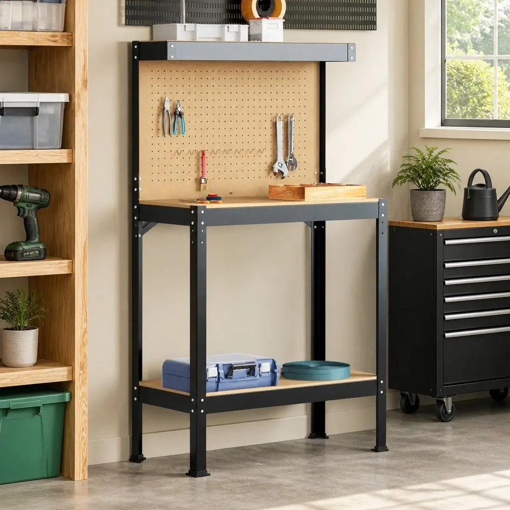 Workbench Black Engineered Wood and Metal Frame 81x41x145cm with Pegboard and Drawer