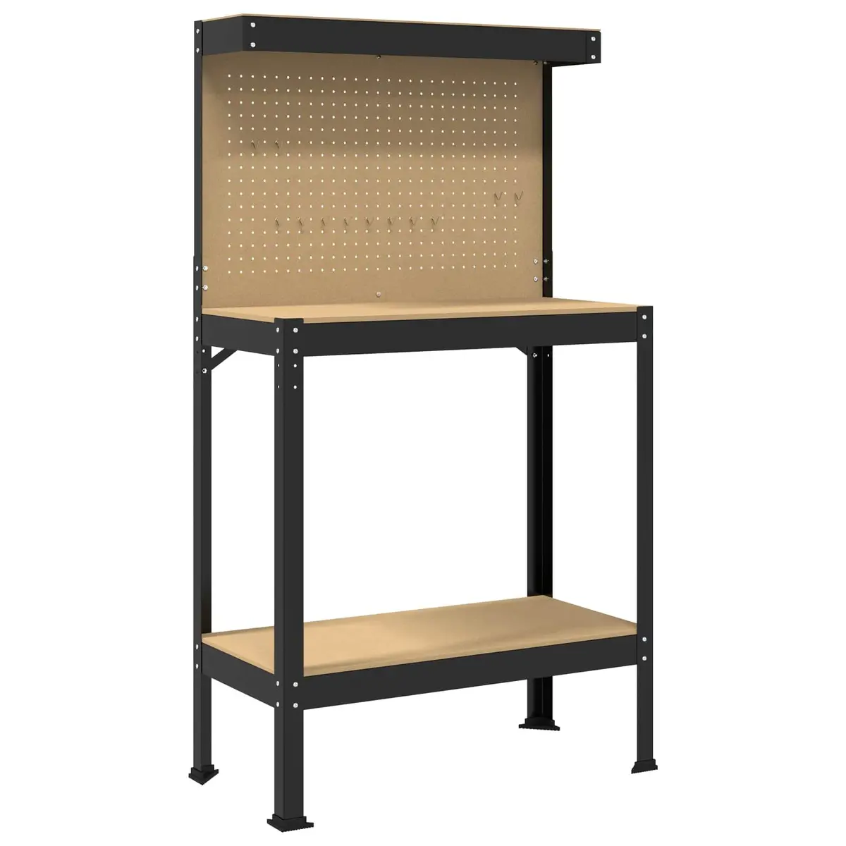 Workbench Black Engineered Wood and Metal Frame 81x41x145cm with Pegboard and Drawer