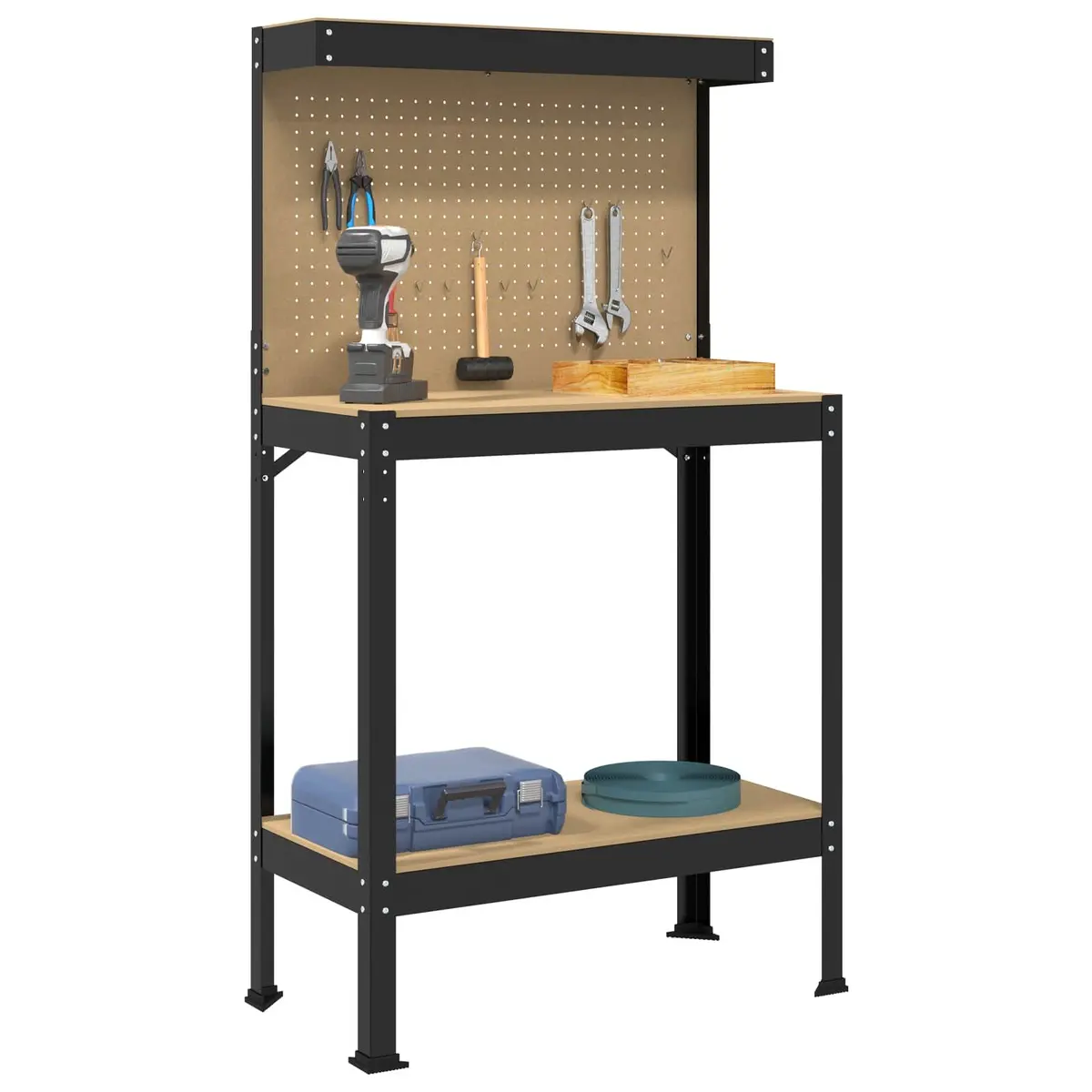 Workbench Black Engineered Wood and Metal Frame 81x41x145cm with Pegboard and Drawer
