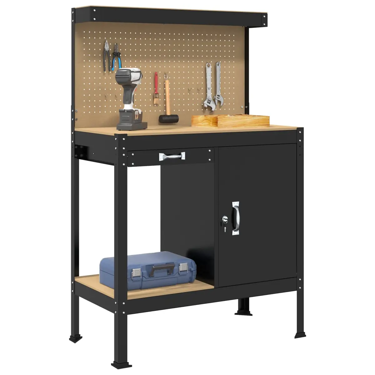 Workbench Black 90 x 49 x 141 cm Engineered Wood Metal Garage Workshop Storage