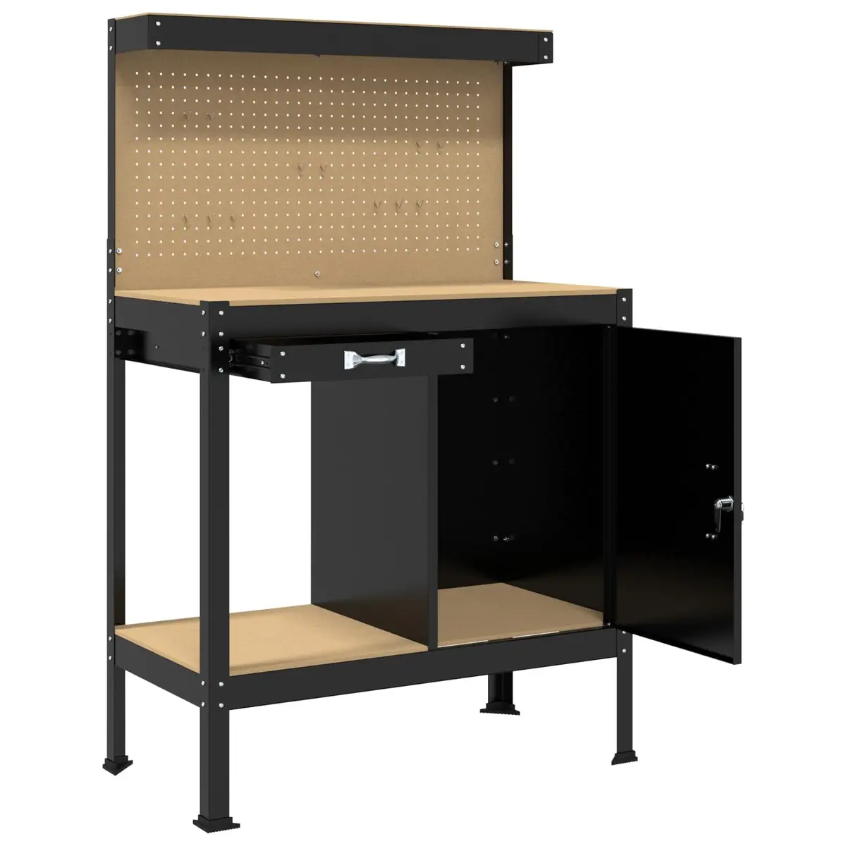 Workbench Black 90 x 49 x 141 cm Engineered Wood Metal Garage Workshop Storage