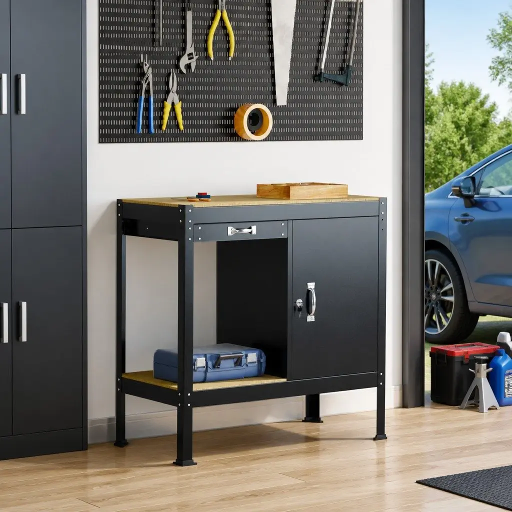 Workbench Black 90 x 49 x 91 cm Engineered Wood Metal Storage with Pegboard Drawer and Shelves