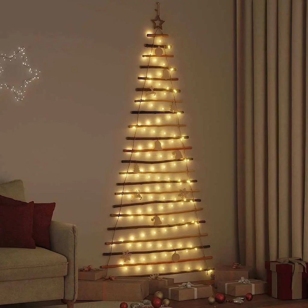 Hanging Christmas Tree Brown 210cm Solid Ash Wood 130 LEDs Indoor Outdoor Decoration