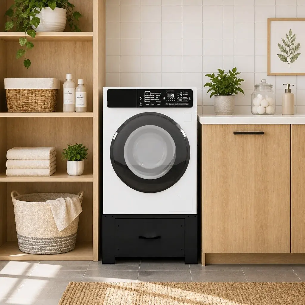Washing Machine Pedestal Black Steel 64x55x32.5cm Adjustable Foot Pads