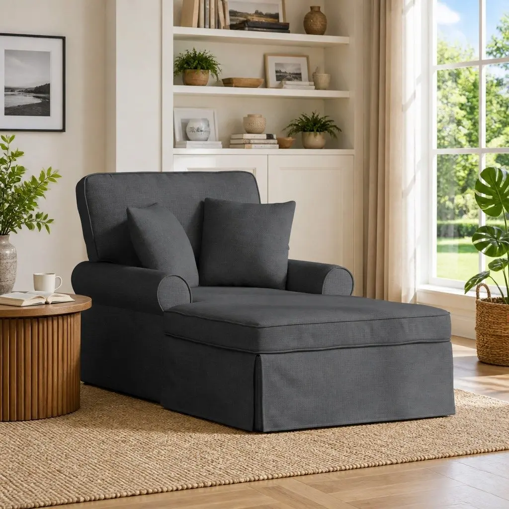 Chaise Lounge with Skirt Grey Fabric Modern Living Room Bedroom Relaxation