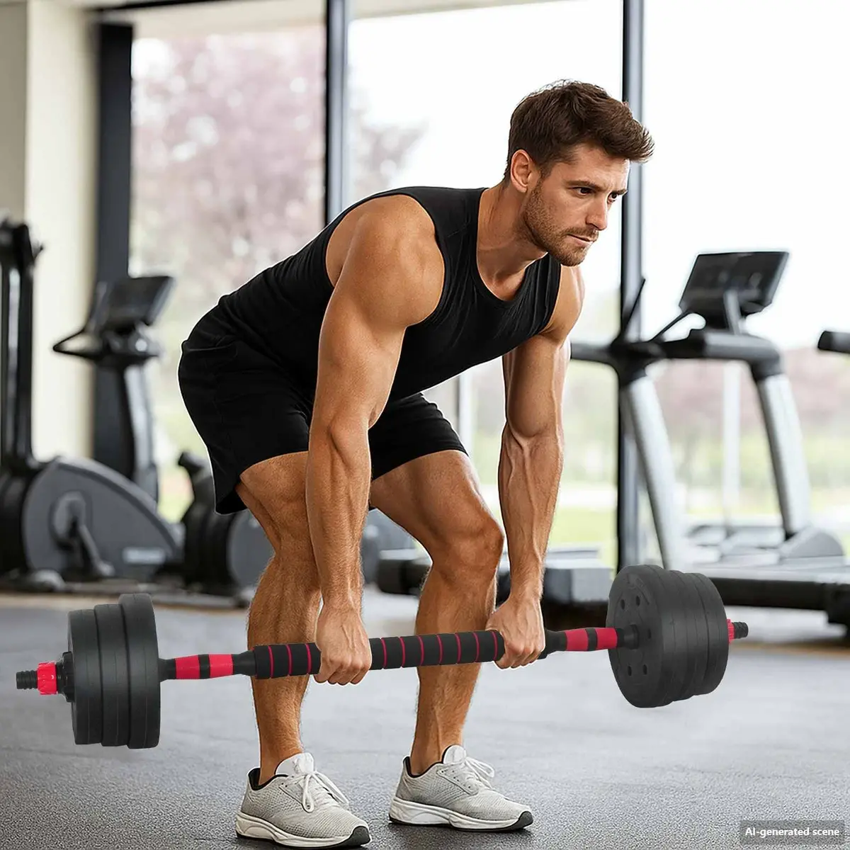 Adjustable Dumbbell Barbell Set Black Red 20kg Removable Weight Components