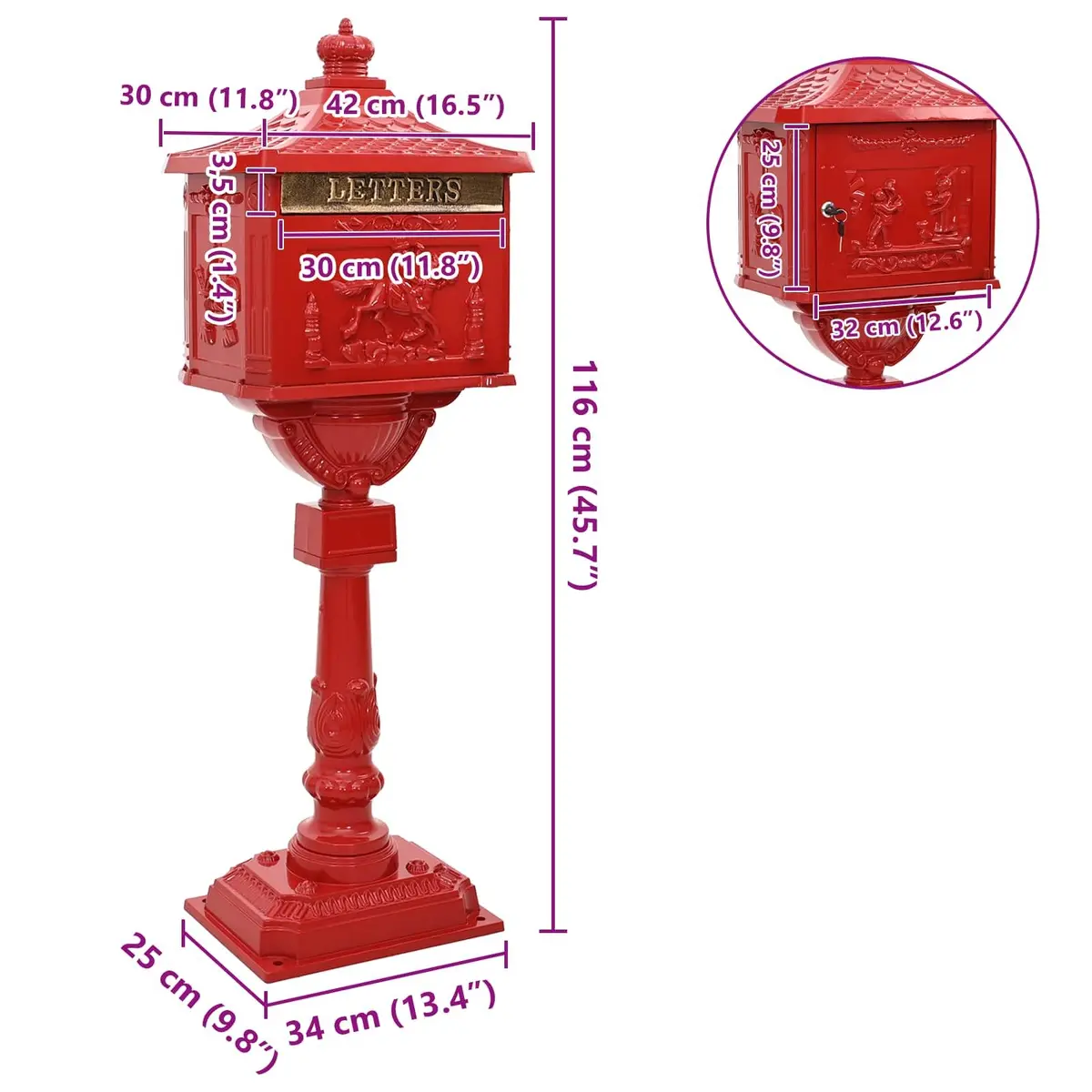 Vintage Red Standing Mailbox Waterproof Outdoor Decor Garden Post Box 425x295x117cm