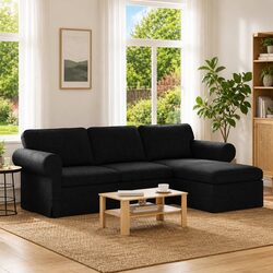 Compact and Modern Black Fabric Sofa – 245 x 138 x 80 cm
