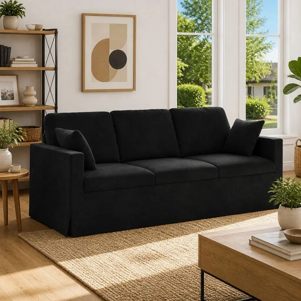 Black Velvet Sofa Modern Lounge Seating Living Room Bedroom Furniture 198cm
