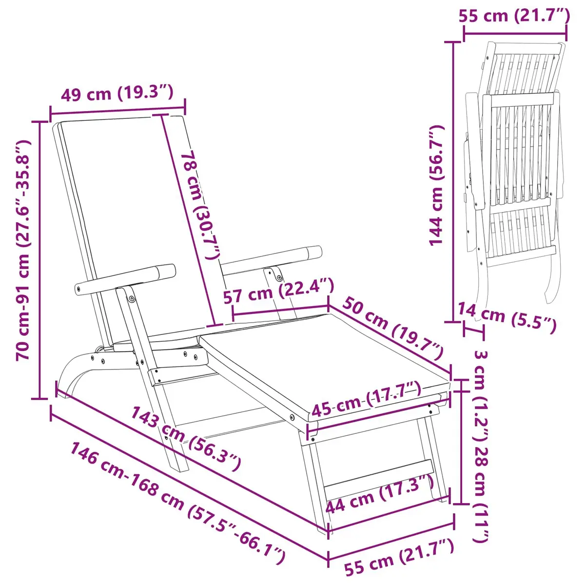 Sun Lounger Brown Solid Acacia Wood Folding Chair Reclining with Five-Position Backrest