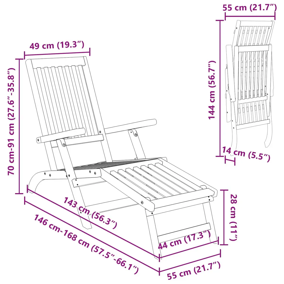 Reclining Sun Lounger Brown Acacia Wood Adjustable Backrest Foldable 2 Piece