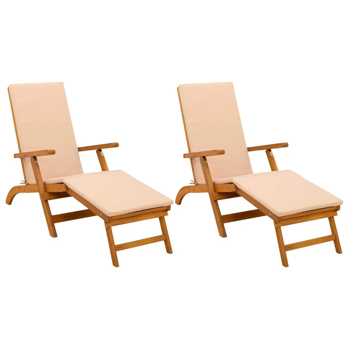 Sun Lounger Brown Adjustable Reclining Folding Chair Wooden 2 Pack