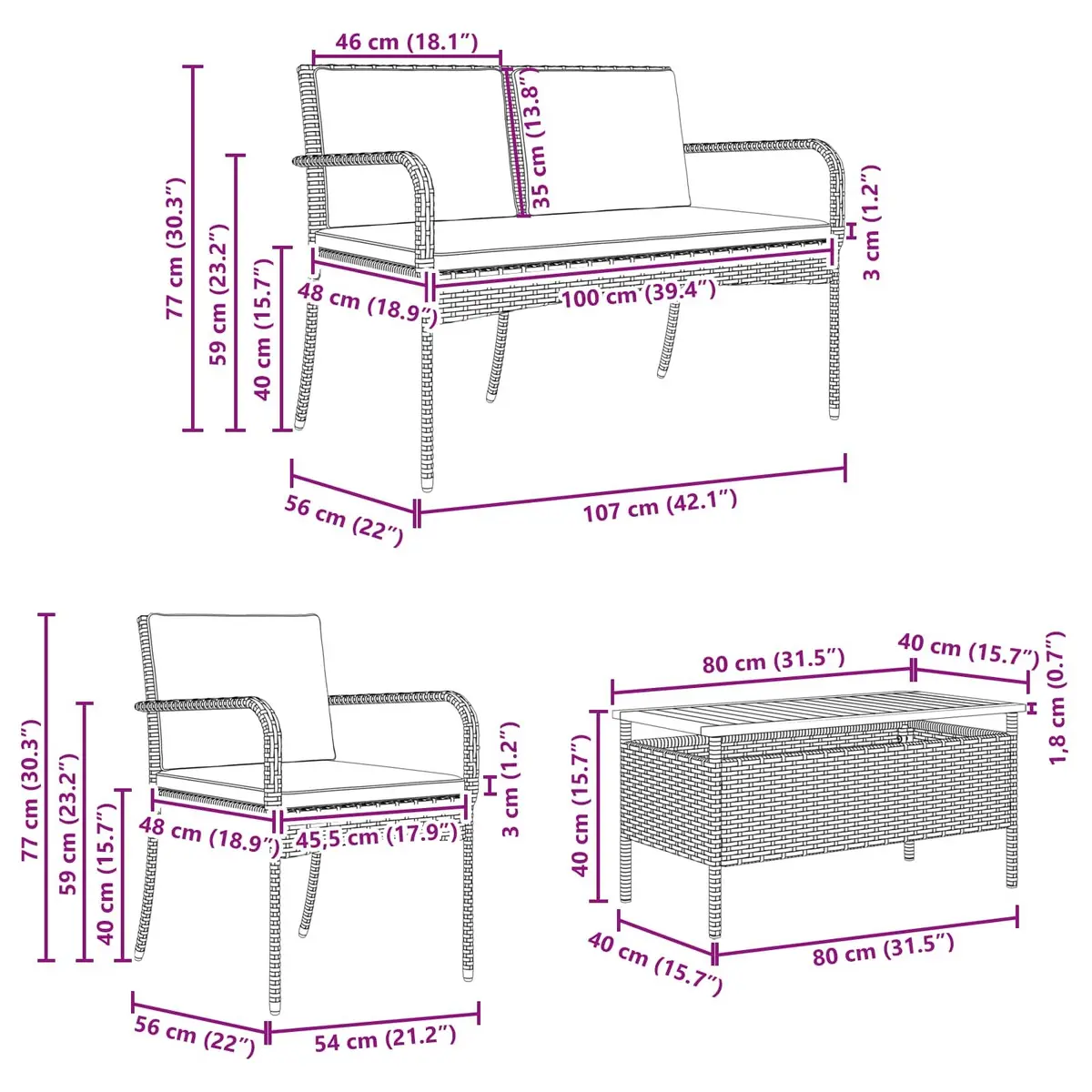 Black Poly Rattan Garden Furniture Set Outdoor Table and Chairs with Acacia Wood Top and Removable Cushions