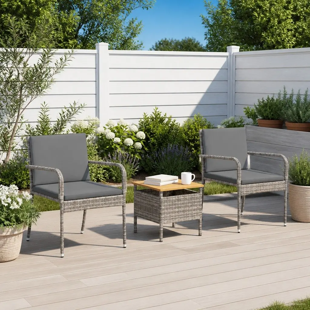 Garden Bistro Set 3 Piece Grey Poly Rattan Outdoor Furniture with Cushions