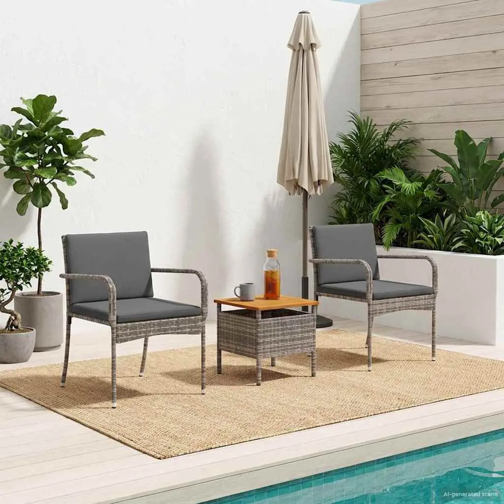Garden Bistro Set 3 Piece Grey Poly Rattan Outdoor Furniture with Cushions