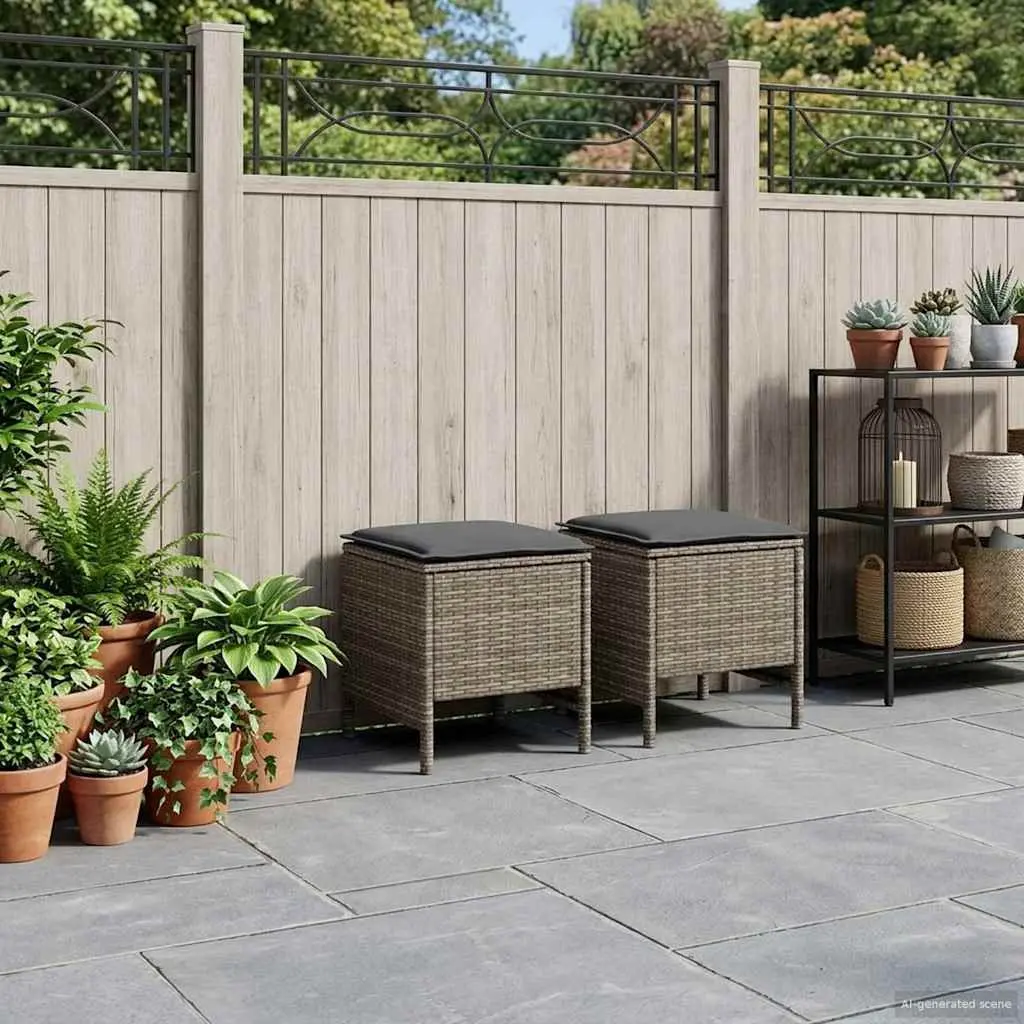 Garden Footstool Grey 2 Piece Set Rattan Frame Removable Cushion
