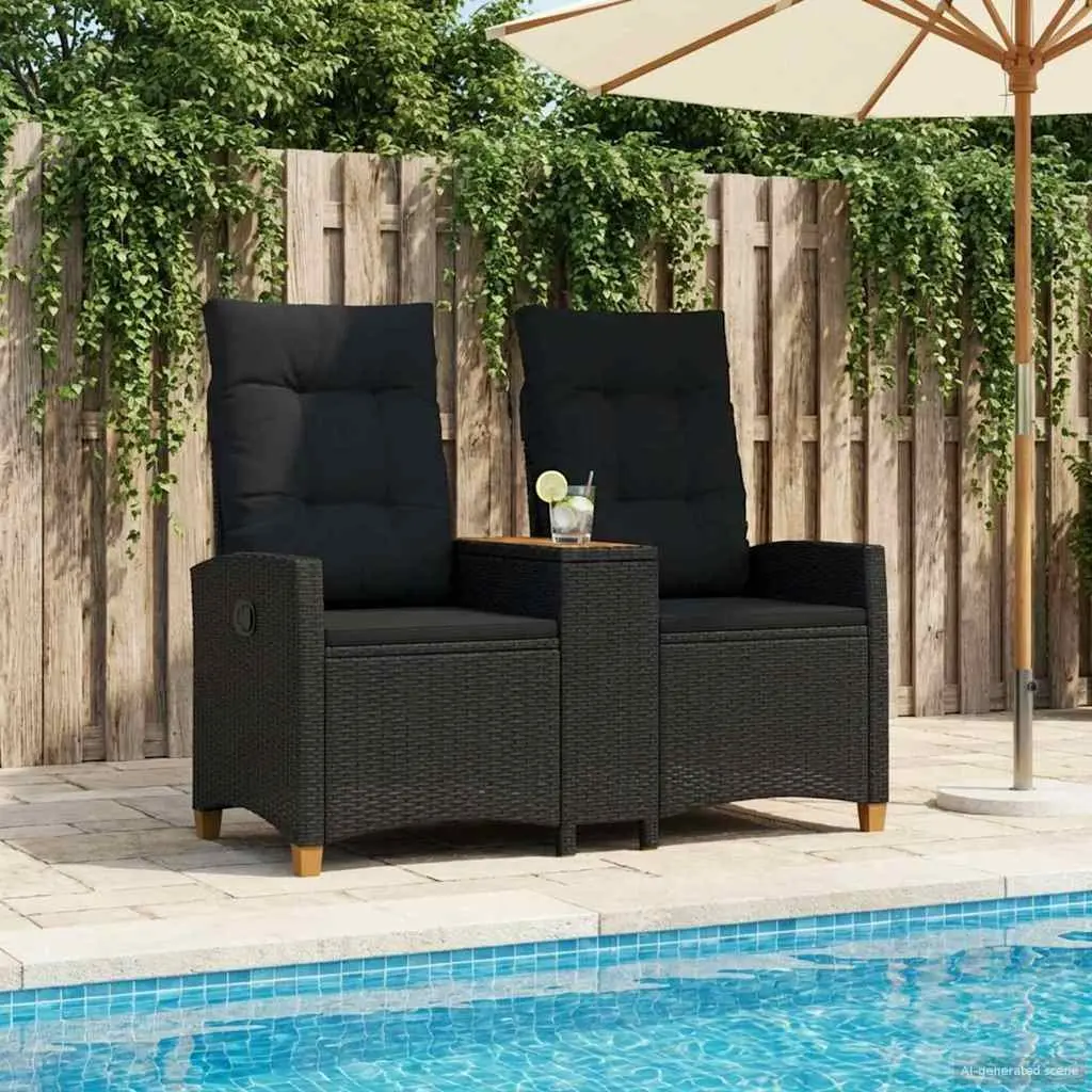 Outdoor Reclining Bench Black Poly Rattan Adjustable Backrest Integrated Tea Table