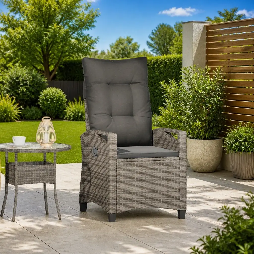 Reclining Garden Chair Grey Height-Adjustable Backrest Fold-Out Table