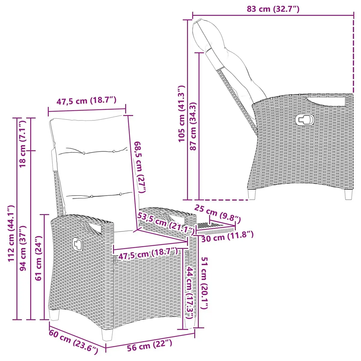 Reclining Garden Chair Grey Height-Adjustable Backrest Fold-Out Table