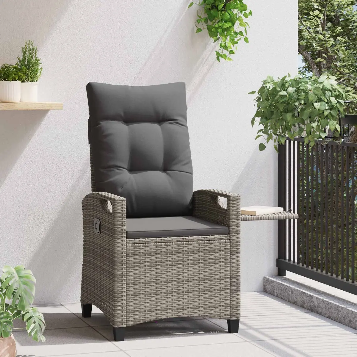 Reclining Garden Chair Grey Height-Adjustable Backrest Fold-Out Table