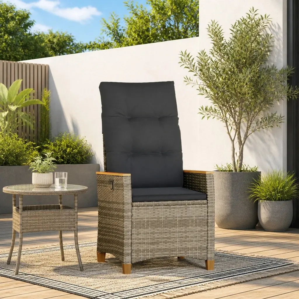 Garden Chair Grey Adjustable Backrest Outdoor Lounger Durable Poly Rattan and Steel Frame with Acacia Wood Armrests for Relaxation