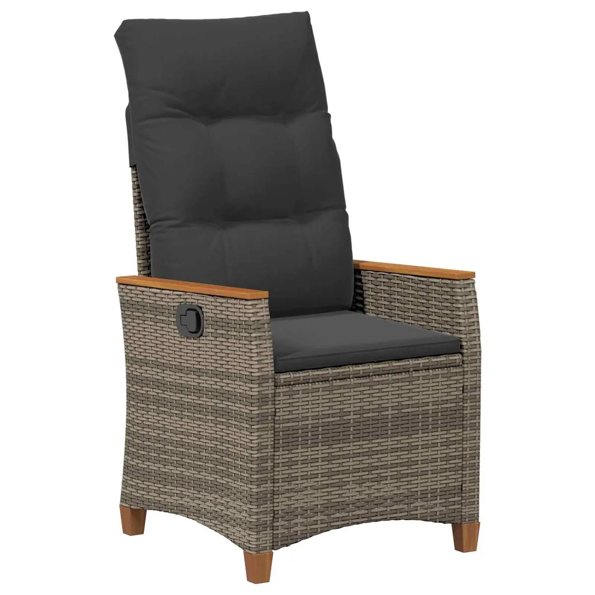 Garden Chair Grey Adjustable Backrest Outdoor Lounger Durable Poly Rattan and Steel Frame with Acacia Wood Armrests for Relaxation