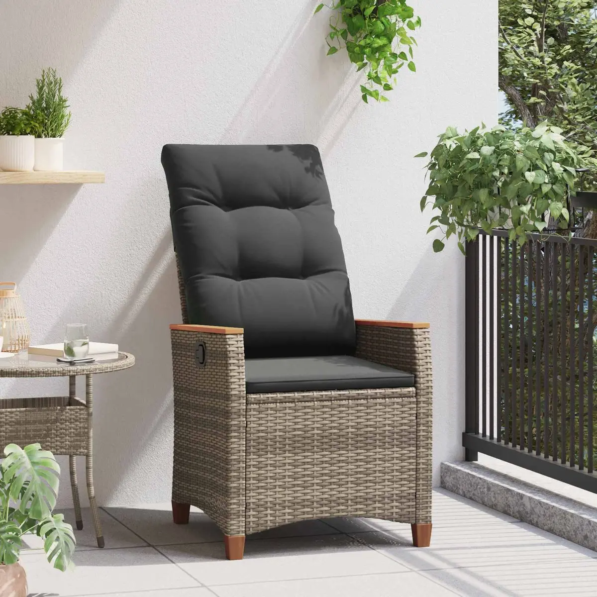 Garden Chair Grey Adjustable Backrest Outdoor Lounger Durable Poly Rattan and Steel Frame with Acacia Wood Armrests for Relaxation