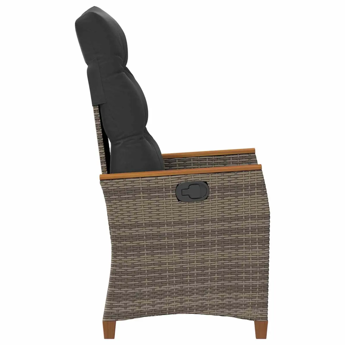 Garden Chair Grey Adjustable Backrest Outdoor Lounger Durable Poly Rattan and Steel Frame with Acacia Wood Armrests for Relaxation