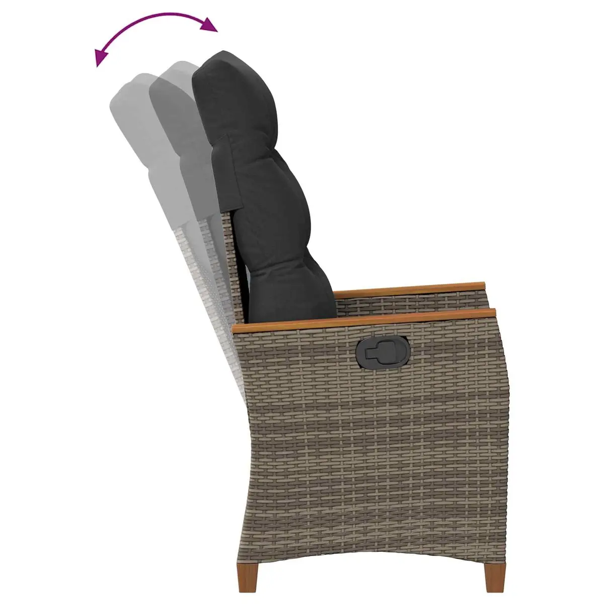 Garden Chair Grey Adjustable Backrest Outdoor Lounger Durable Poly Rattan and Steel Frame with Acacia Wood Armrests for Relaxation