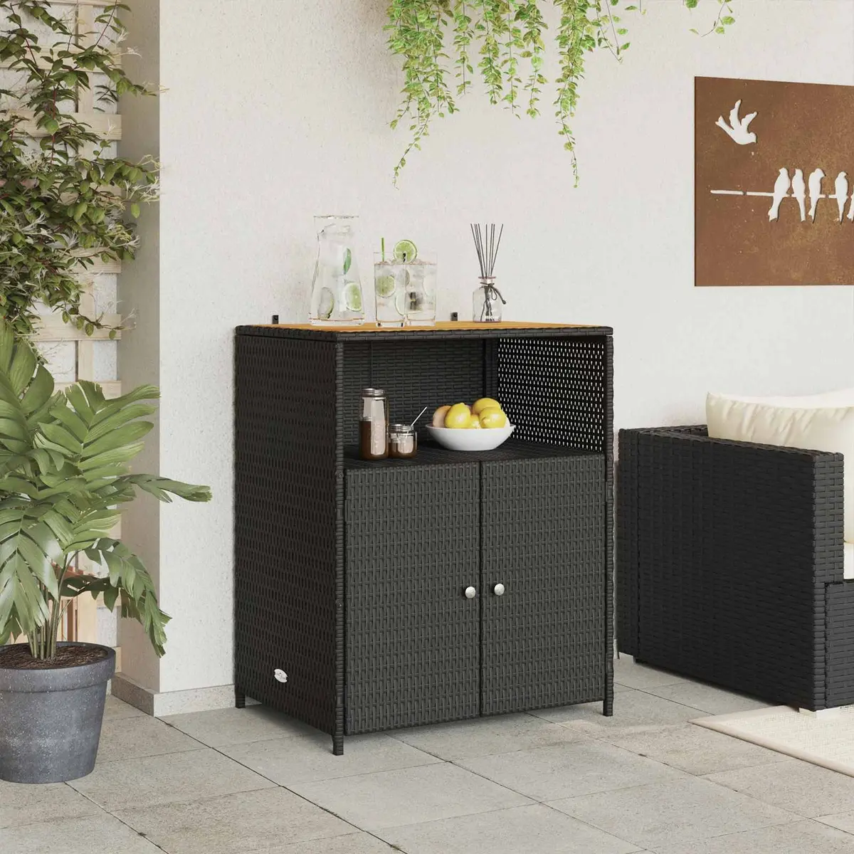 Storage Cabinet Black 70x50x87cm Acacia Wood Top Poly Rattan Shelving Indoor Outdoor Furniture