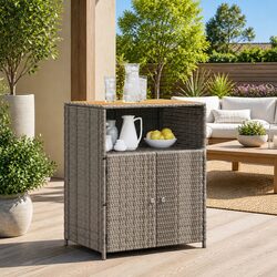 Storage Cabinet Grey 70x50x87cm Rattan Doors Acacia Wood Top Garden Patio