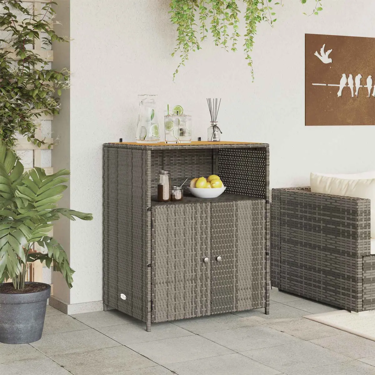 Grey Storage Cabinet Acacia Wood Top 70x50x87cm Poly Rattan Doors Indoor Outdoor