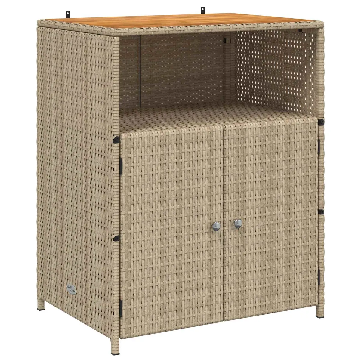 Rattan Storage Cabinet Beige 70x50x87cm Solid Acacia Wood Top Powder Coated Steel Frame Poly Rattan Shelves and Doors Indoor Outdoor