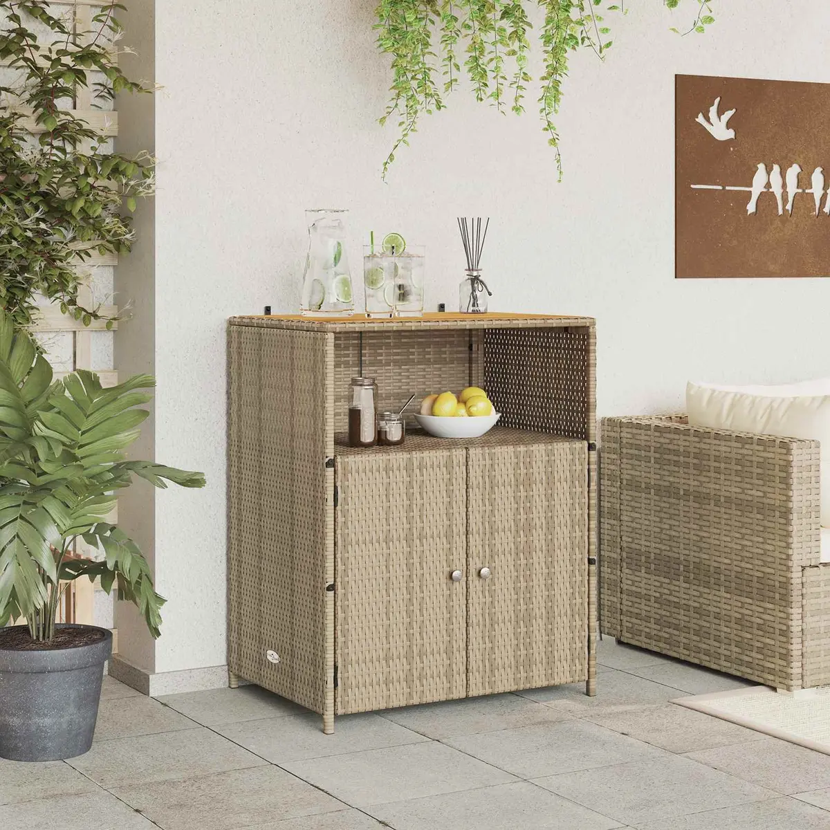 Rattan Storage Cabinet Beige 70x50x87cm Solid Acacia Wood Top Powder Coated Steel Frame Poly Rattan Shelves and Doors Indoor Outdoor