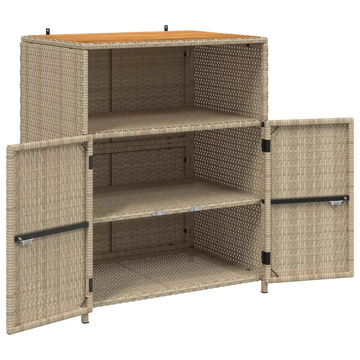 Rattan Storage Cabinet Beige 70x50x87cm Solid Acacia Wood Top Powder Coated Steel Frame Poly Rattan Shelves and Doors Indoor Outdoor