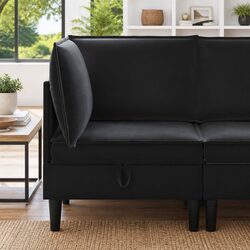 Concise Black Velvet Sofa with Ample Storage