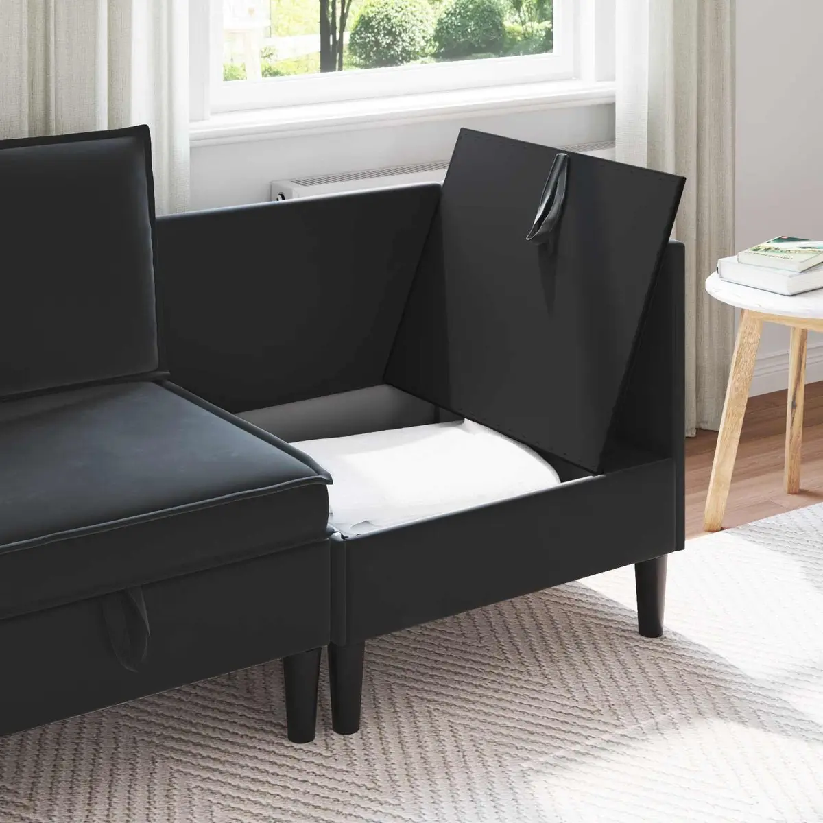 Sofa Black Velvet Modern Living Room Furniture with Storage Compartment