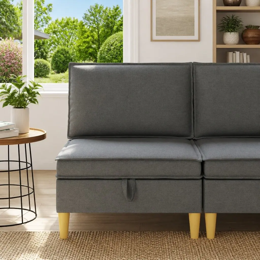 Fabric Ottoman Dark Grey Square Seat with Hidden Storage Compartment