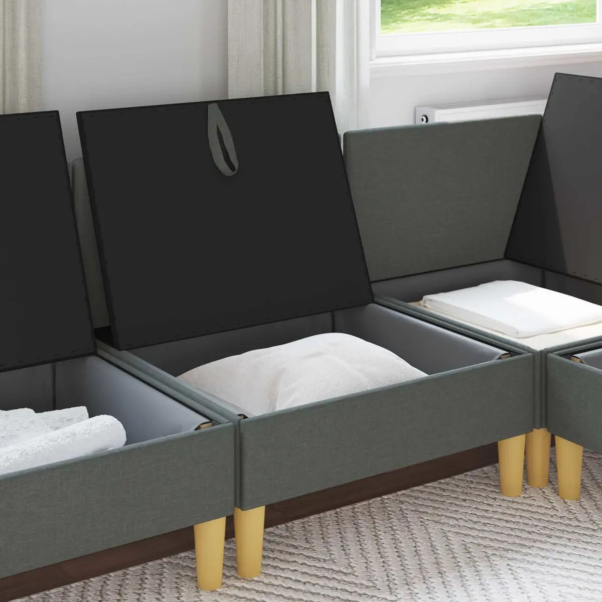 Fabric Ottoman Dark Grey Square Seat with Hidden Storage Compartment