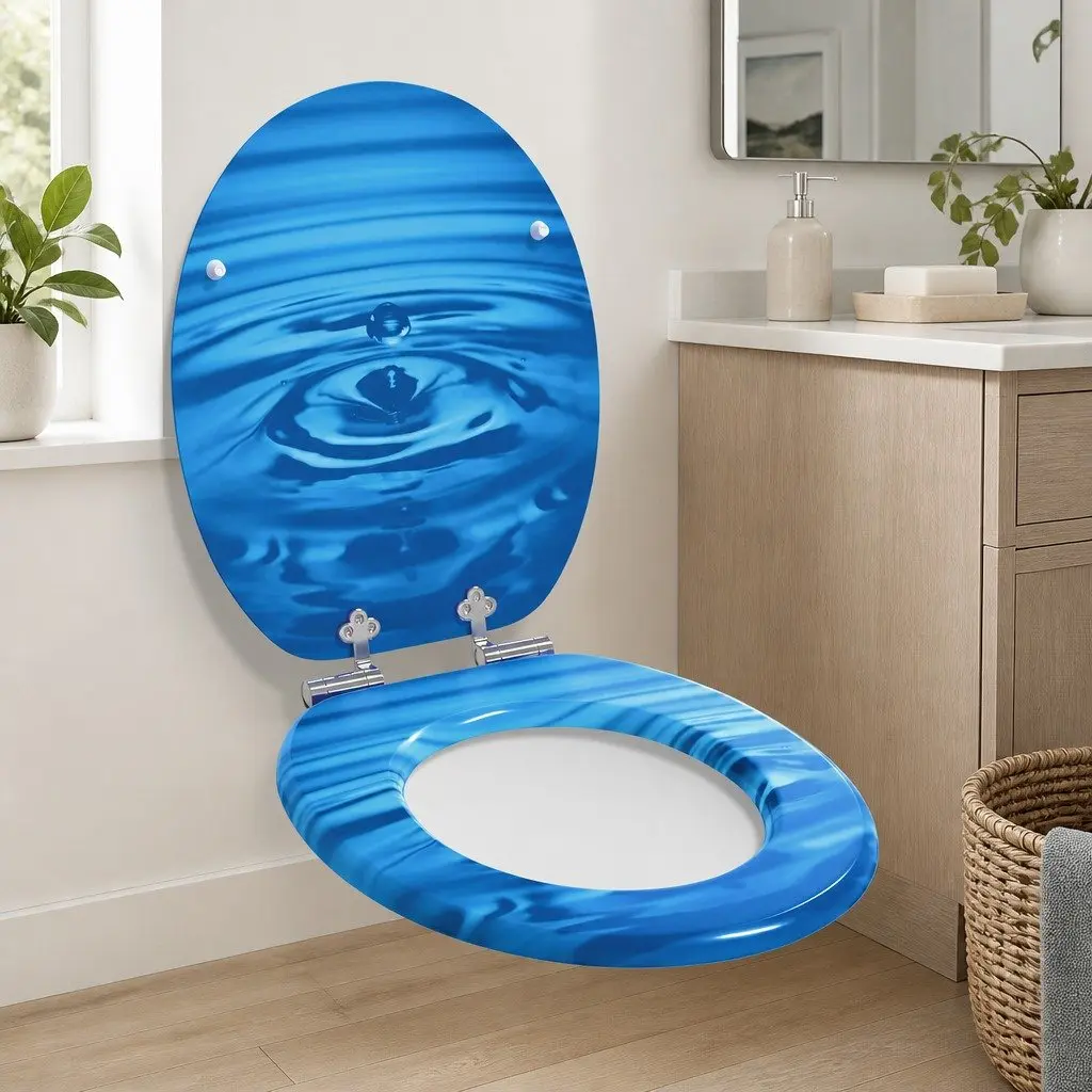 Soft-Close Toilet Seat Blue MDF Board 44 x 38 cm Gentle-Close Lid Non-Slip Bumpers