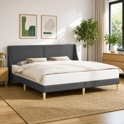 Bed Frame with Wall-Mounted Headboard Curved Slats Modern Design Bedroom